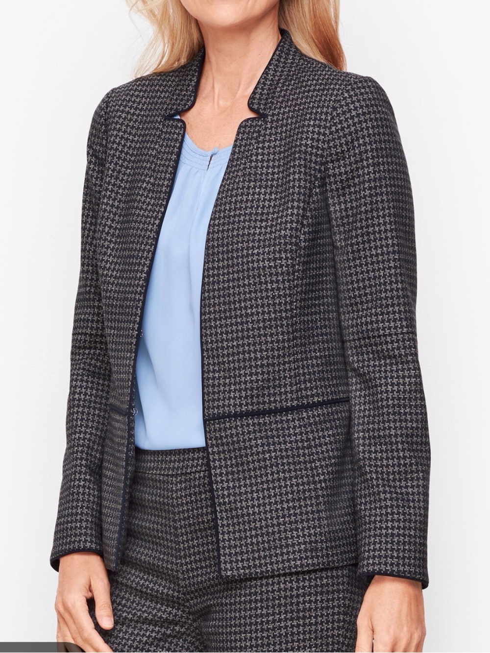 NEW Talbots Houndstooth Gray & Navy Blue Tweed Jacket 14 Petite